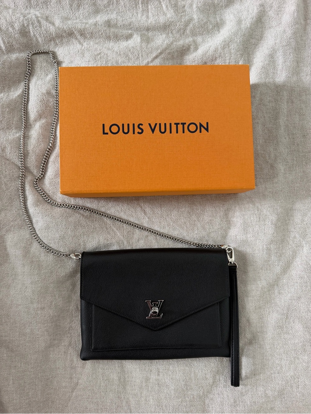 Louis Vuitton Black Leather Chain Crossbody Wallet with Silver Hardware